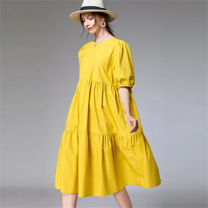 

Women Cotton Linen Irregular Dress Summer Casual Fashion Puff Half Sleeves Solid Ruffle Dress vestidos de fiesta korean fashion