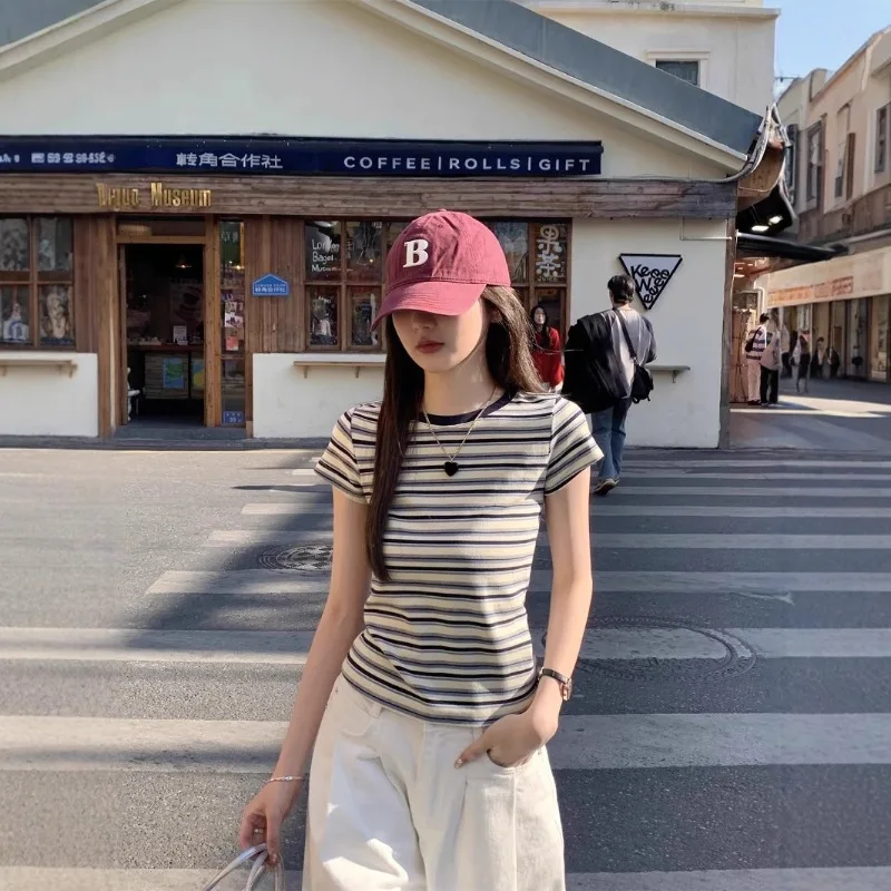 New Student Summer Fitted Striped Short-sleeve T-shirt Women Girl Round-neck Top Ladies Casual T-shirt Lady Sports Base Layer