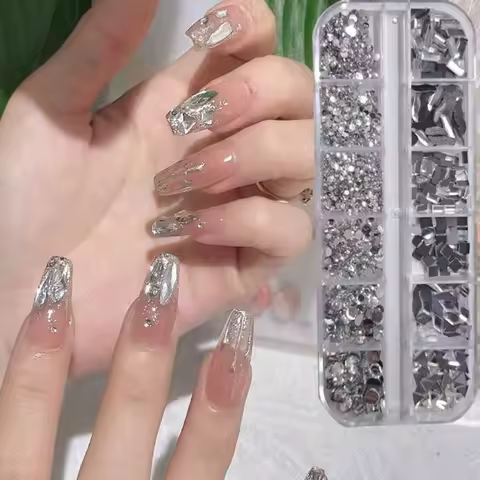 12Grid 3D Crystal Clear Mixed Size White Nail Diamond Mirror Round Diamond Nail Art Rhinestone Square Nail Zircon DIY Decora