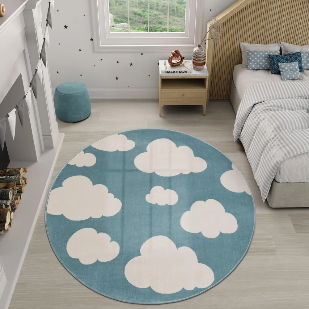 

Clouds Hairy Nursery Play Mats For Children，Soft Foot Mats，Plush Bedroom Rug For Kids，Blue Round Fluffy Carpet For Living Room