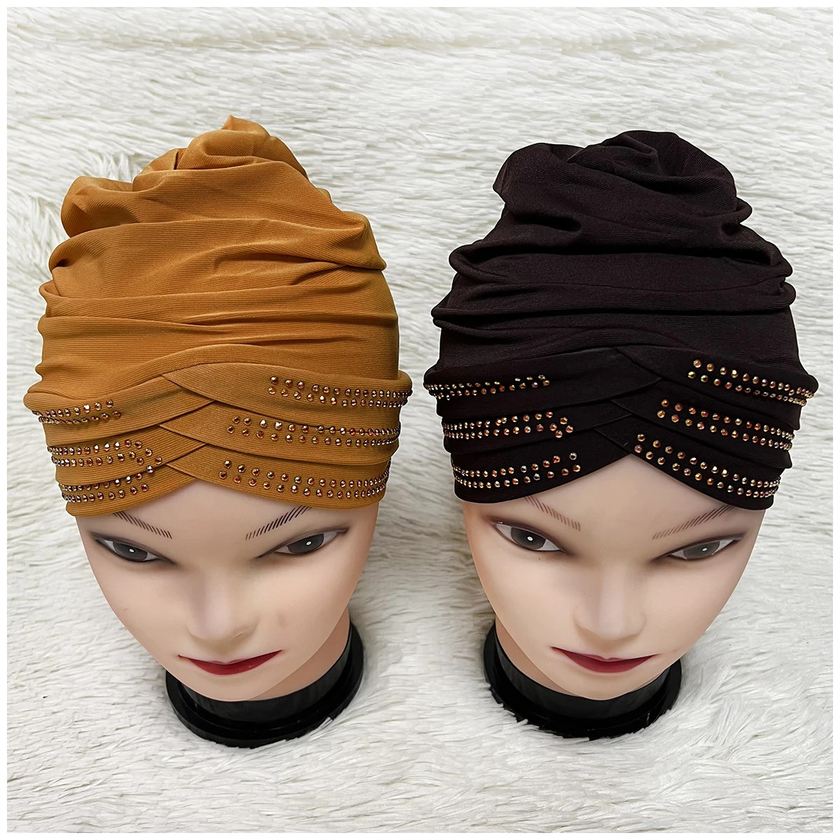 6/12 Pieces Latest Fashion Muslim Female Turban Hat Bonnet Velvet Hot Rhinestone Solid Indian Beanie Hair Bonnets Cap For Women