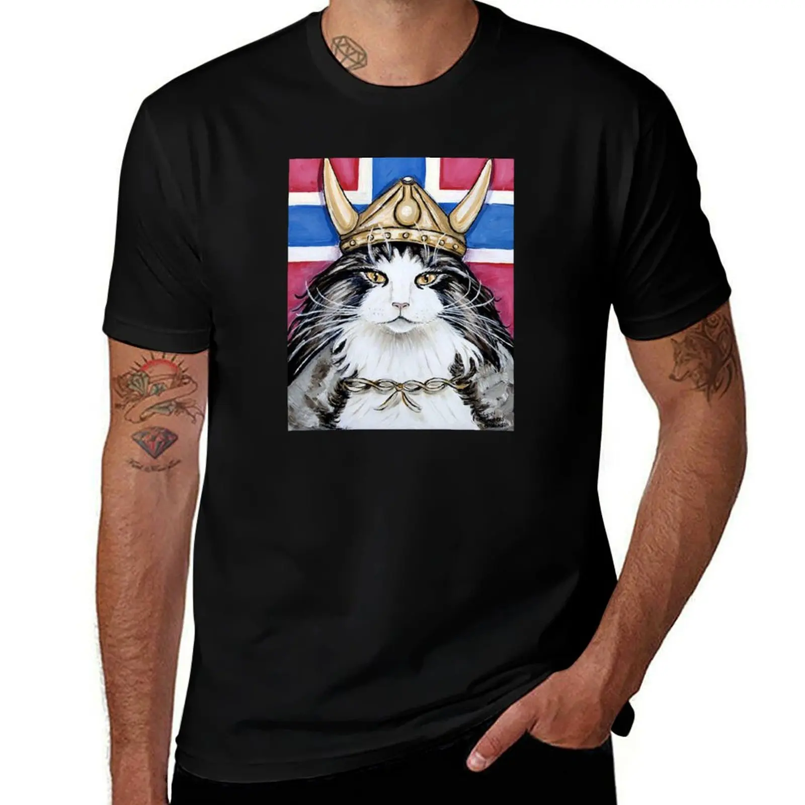 Viking Norwegian Forest Cat T-Shirt Simple Solid Color Crew Neck Tee T-Shirt