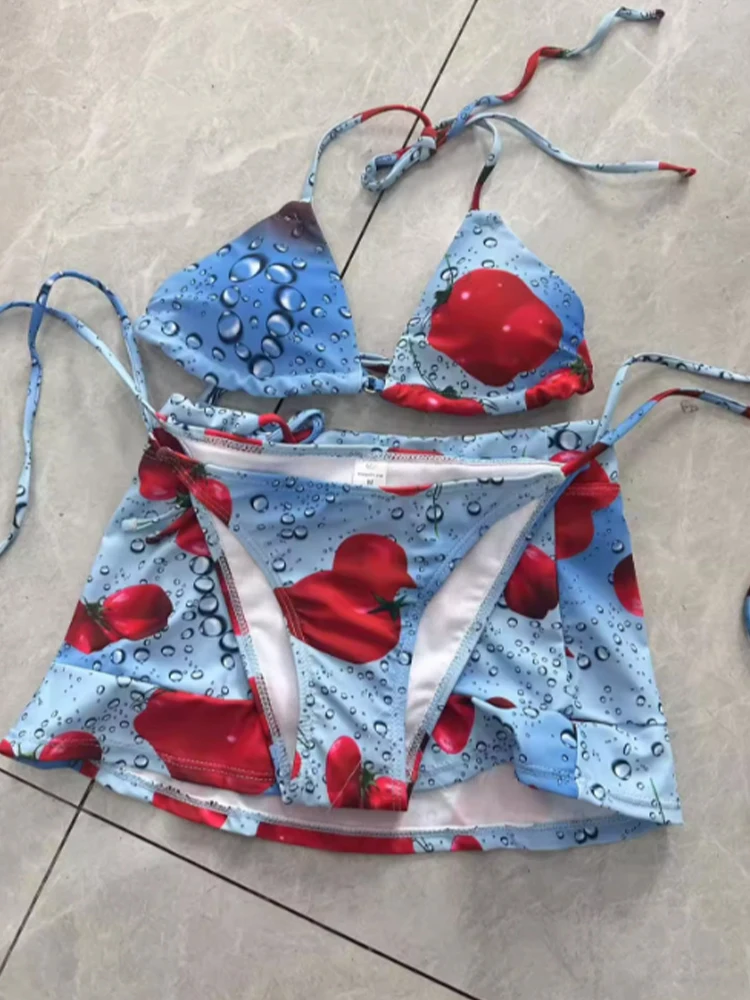 Korean women's cute tomato pattern bikini three piece set party bikini neck tie set fashionable and versatile daily