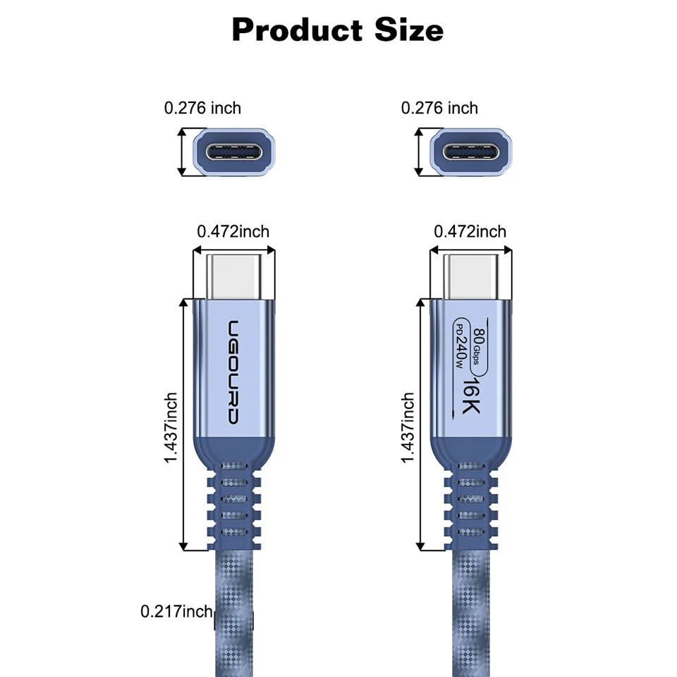 UGOURD Thunderbolt 5 USB4 Gen4 Kabel 90-Grad-Winkelstecker 80Gbps 16K Geflochtenes USB-C-zu-C 240W Schnellladekabel für EGPU – Detail 13