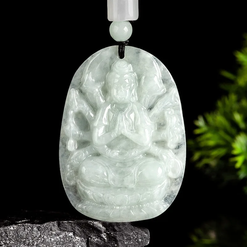 

Real Natural Grade A Jade Jadeite Bless Lucky Carved Thousand-hand Guanyin Pendant