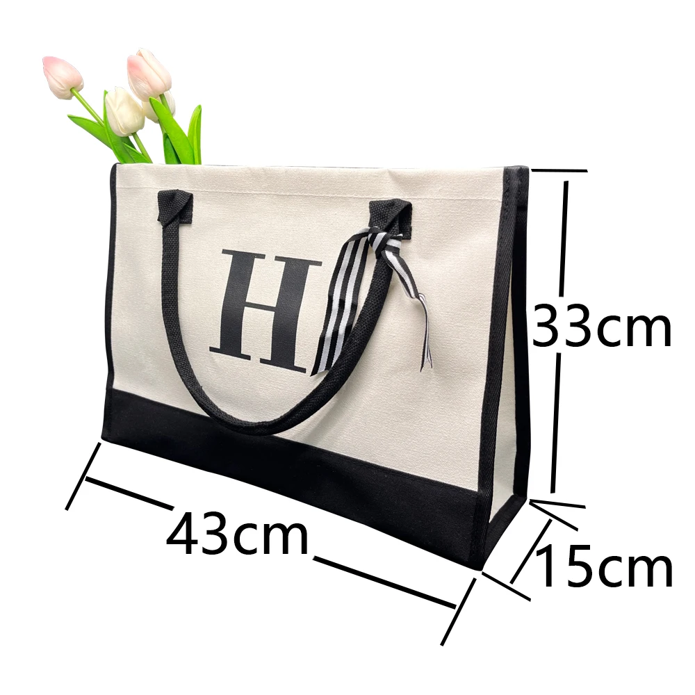 Custom Name Totes Bag Fashion Canvas Tote Letter Flower Portable Beach Shoulder Shopping Casual Beach Bag Large Capacity Handbag