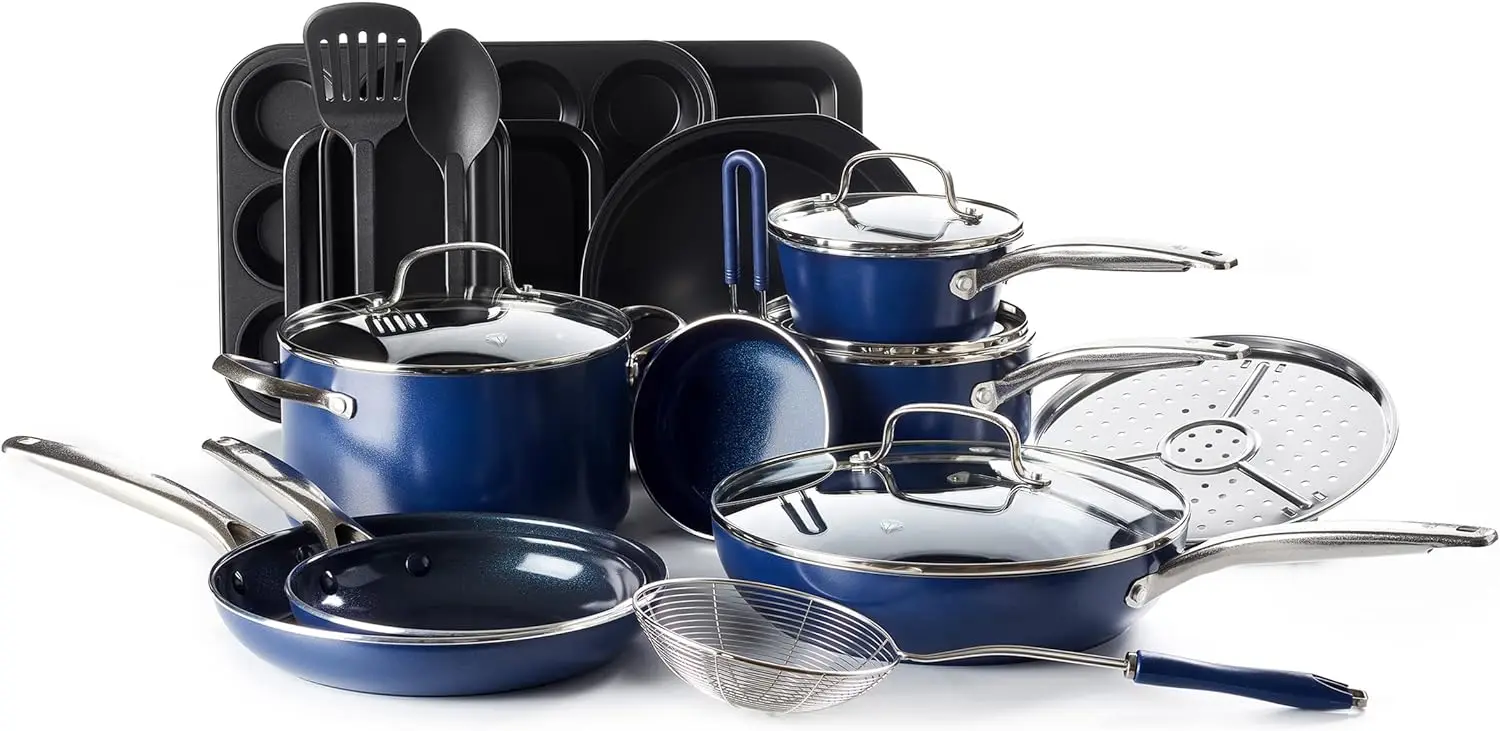 

Cookware Diamond Infused Ceramic Nonstick 20 Piece Cookware Bakeware Pots and Pans Set, PFAS-Free, Dishwasher Safe, Oven Safe