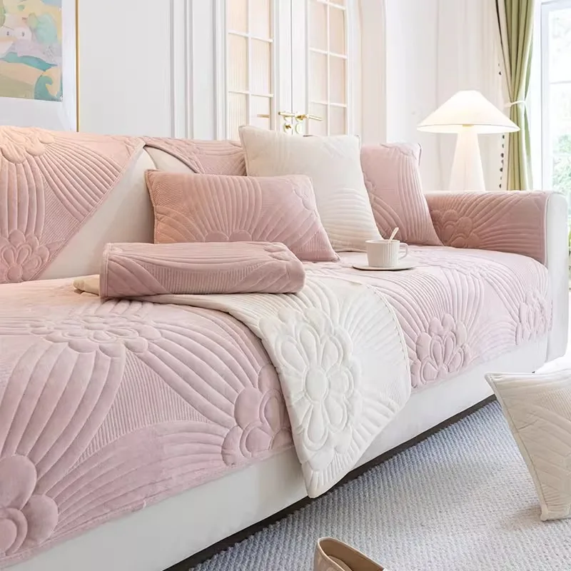 Milk Velvet Solid Color Jacquard Sofa Cushion Simple Soft Flower Knot Corner Couch Covers French Non-Slip Living Room Decoration