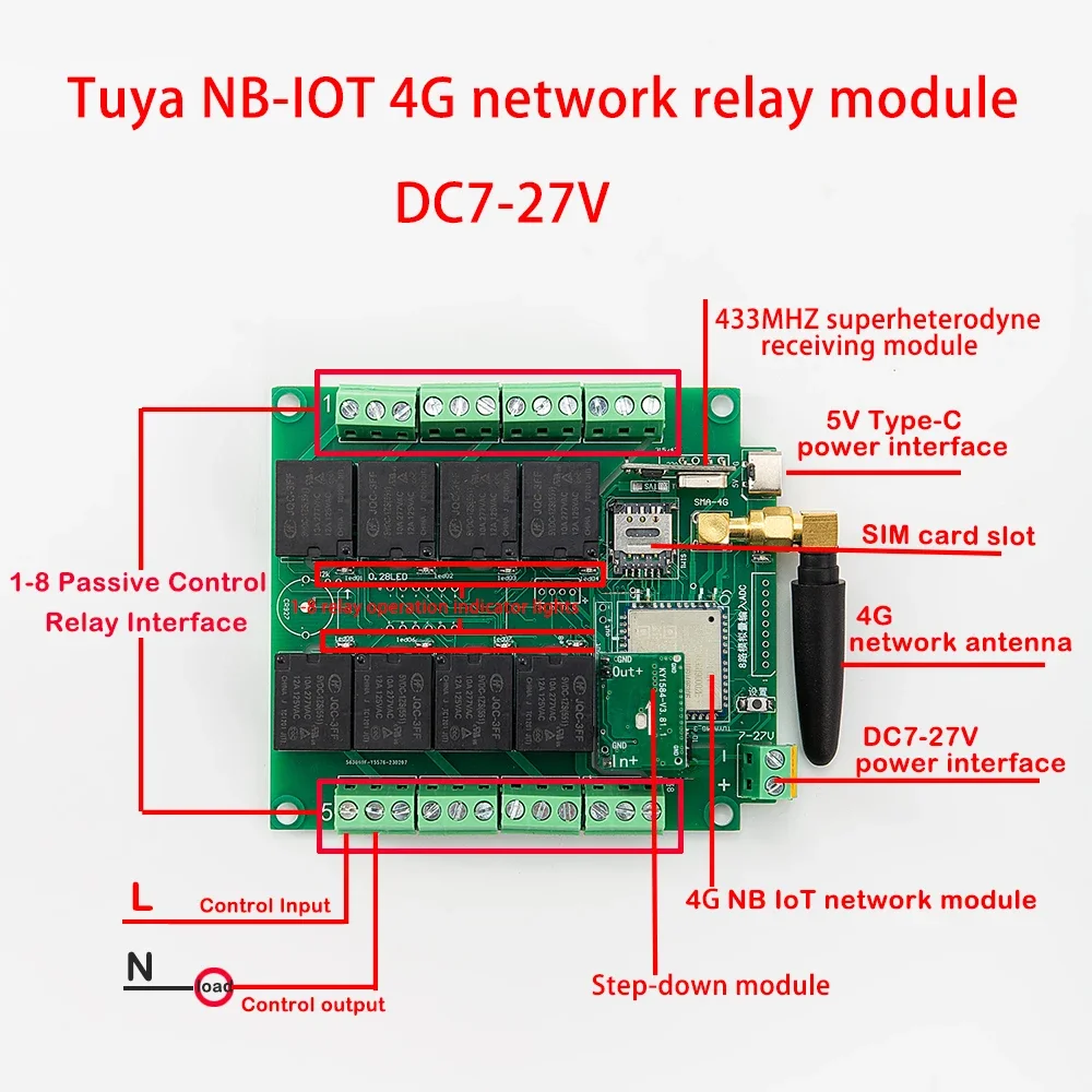 Tuya 8 Way Wireless Switch DC 7-27V NB-IOT Internet of Things 4G Relay Module Remote Control 433MHz DIY Smart Home Automation