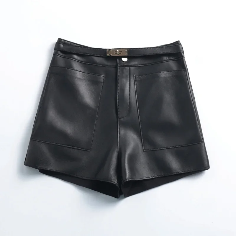 

Women's Leather Shorts 2024 New Arrivals Fashion Sheepskin Short Pants Lady Genuine Leather