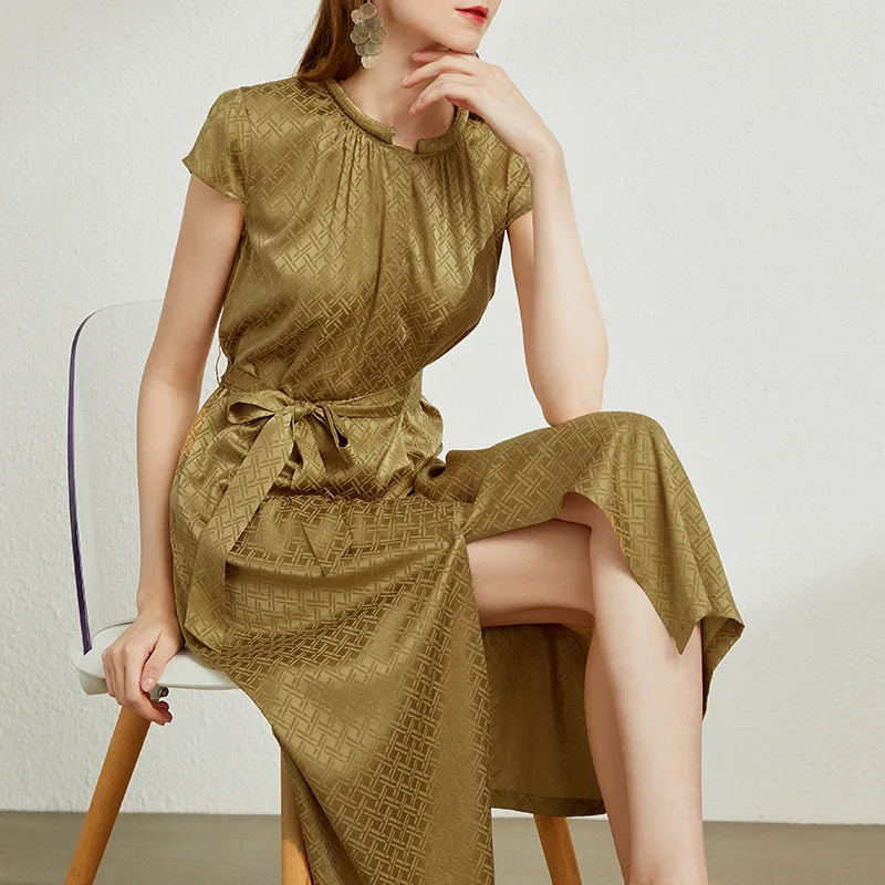 Birdtree 100% echte Seide Crêpe elegante Kleider Gürtel Kurzarm Plaid Slim Fit Party kleid für Frauen Sommer Herbst neue d3n264qm