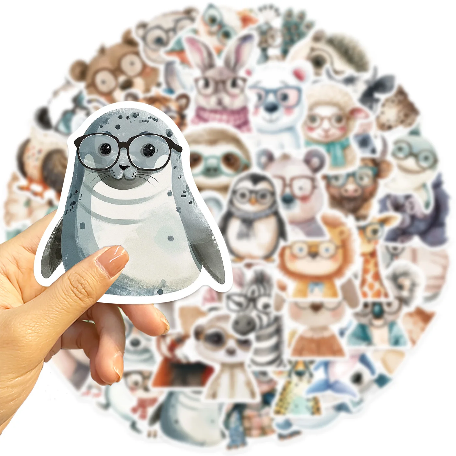 Autocollants animaux drôles avec lunettes, étiquette de dessin animé étanche, décoration pour carnet de notes, guitare Mobile, valise, Graffiti, jouets pour enfants, DIY bricolage, 50 pièces