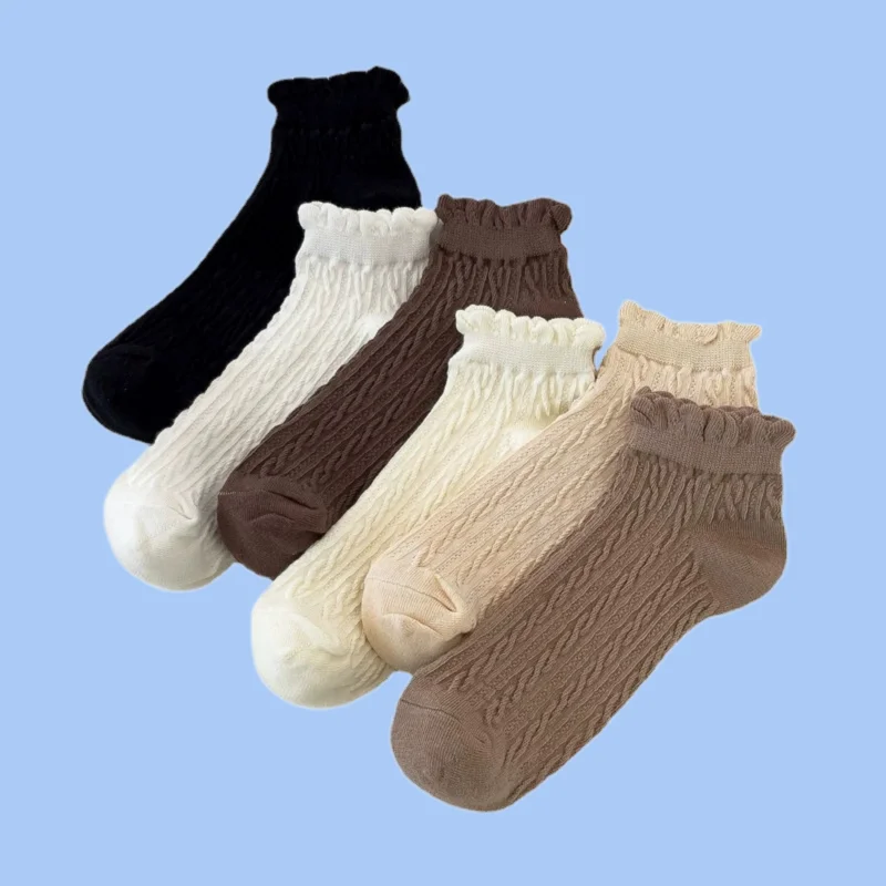 2024 New 5/10 Pairs Lace Socks Women's Short Socks Autumn Jk Cute Shallow Mouth Student Women's Socks Low Top Coffee Color