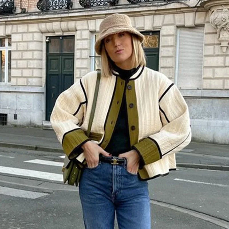 Women Chic Contrast Patchwork Cotton Jacket Elegant Stand Collar Single Breasted Pockets Coat Fall Winter Lady Chic Outwear