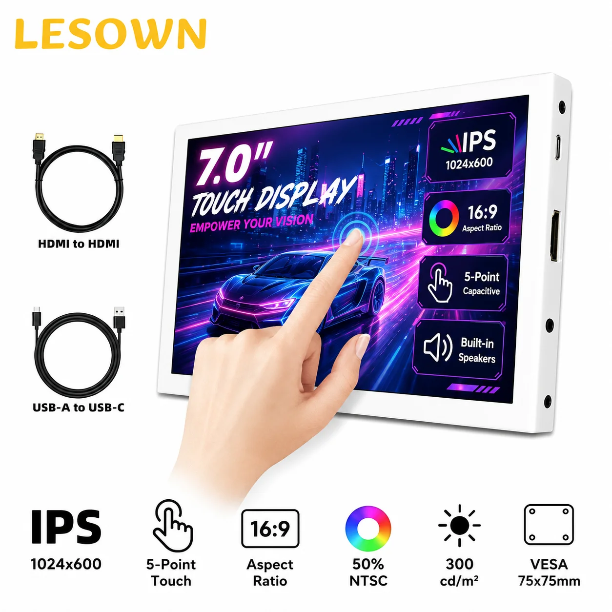 LESOWN 7 Inch IPS Monitor Plug and Play HDTV Screen for PC Desktop Gaming Second Display Panel Driver-free Easy Setup