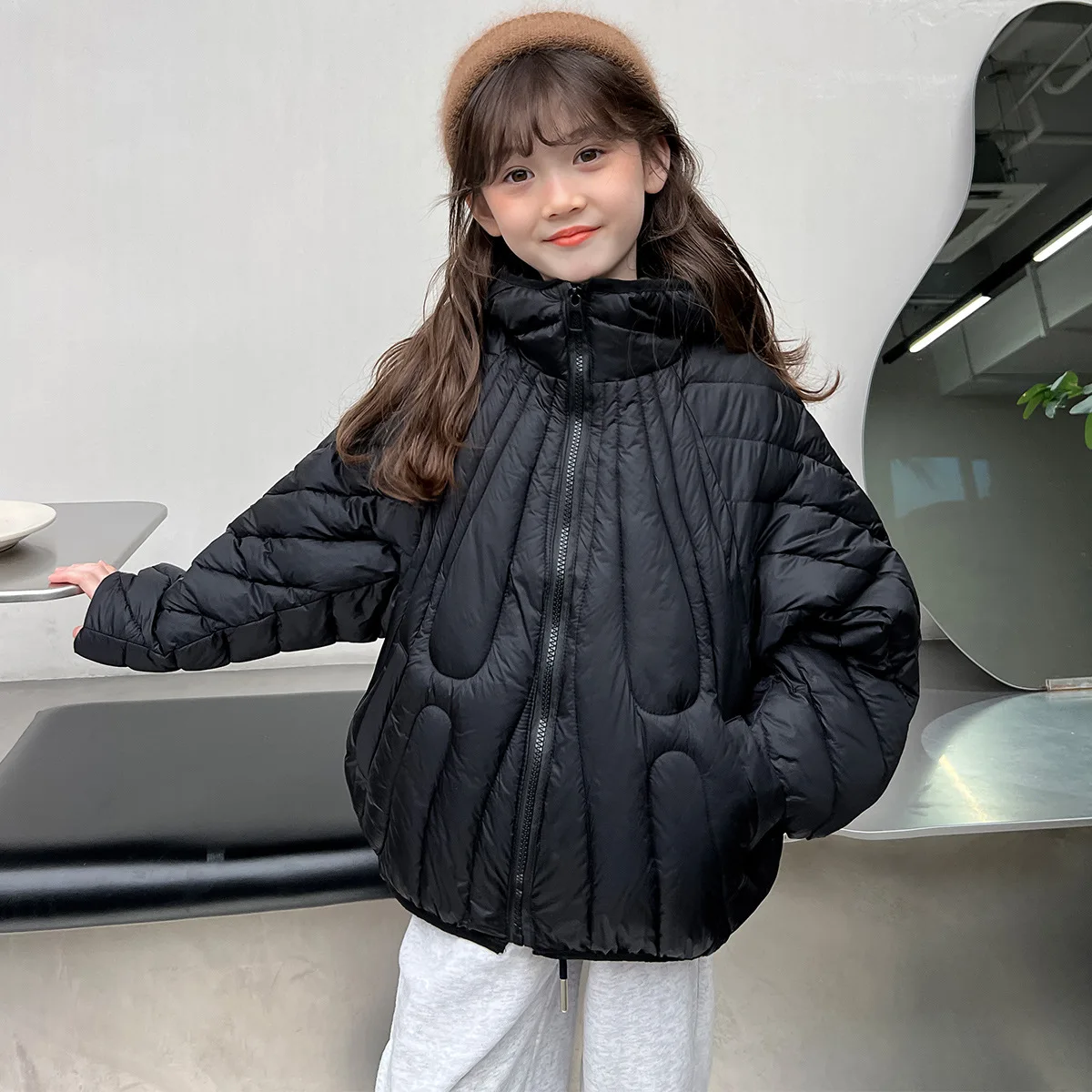 2024 Winter Girls 120-170cm Fashion Zip Thick Warm Hooded Parkas Kids Coat Outerwear Two Colors