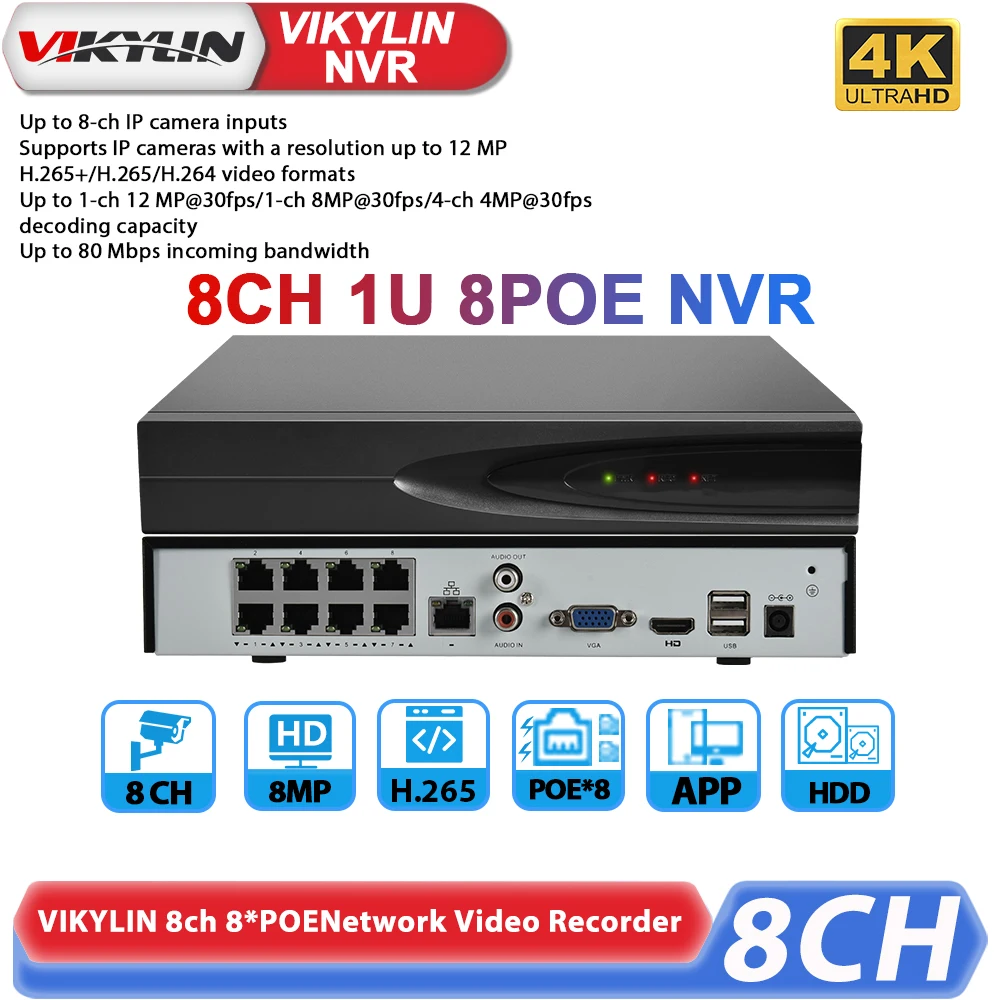 vikylin 4K NVR UP to 12MP Home Outdoor Security CCTV Security System 8ch 8POE with Hard Disk Network Video Recorder P2P H.265+