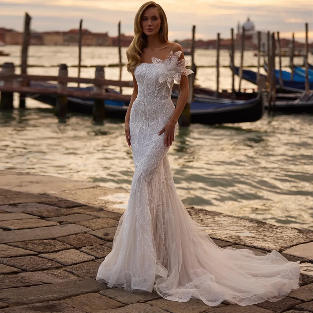 Customized Beading Handmade Flower Bridal Gowns Strapless Sleeveless Wedding Dress Fashion Mermaid Organza Vestido De Novia