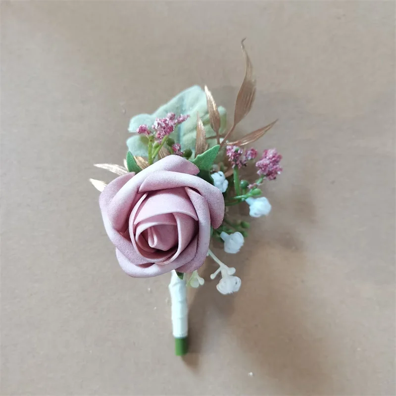 YO CHO Hochzeits-Corsagen, Blumen-Boutonniere für den Bräutigam, lila Seidenrosen-Broschen für Herren, Hochzeits-Brautjungfern-Armband, Handgelenk-Corsage-Blume – Detail 17