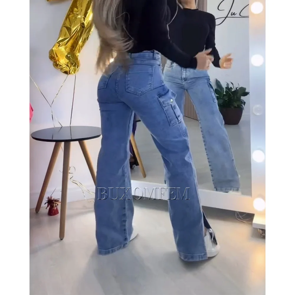 New Seamless High Waisted Side Split Cargo Jeans High Quality Comfortable Stylish New Women Versatile Soft Simple Denim Pants