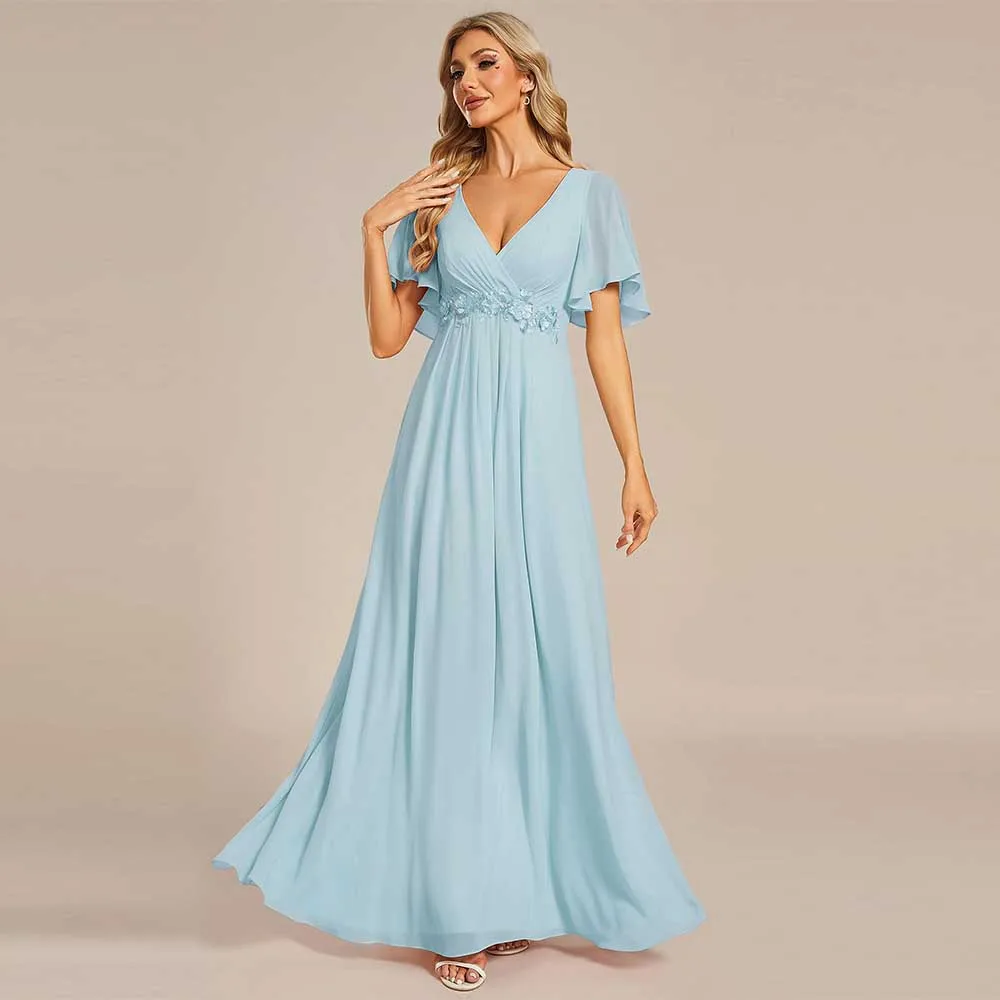 

Women's Chiffon A-Line Ruched Short Sleeves Applique Waist V Neck Formal Dresses Mother of The Bride Dresses Customized 2025