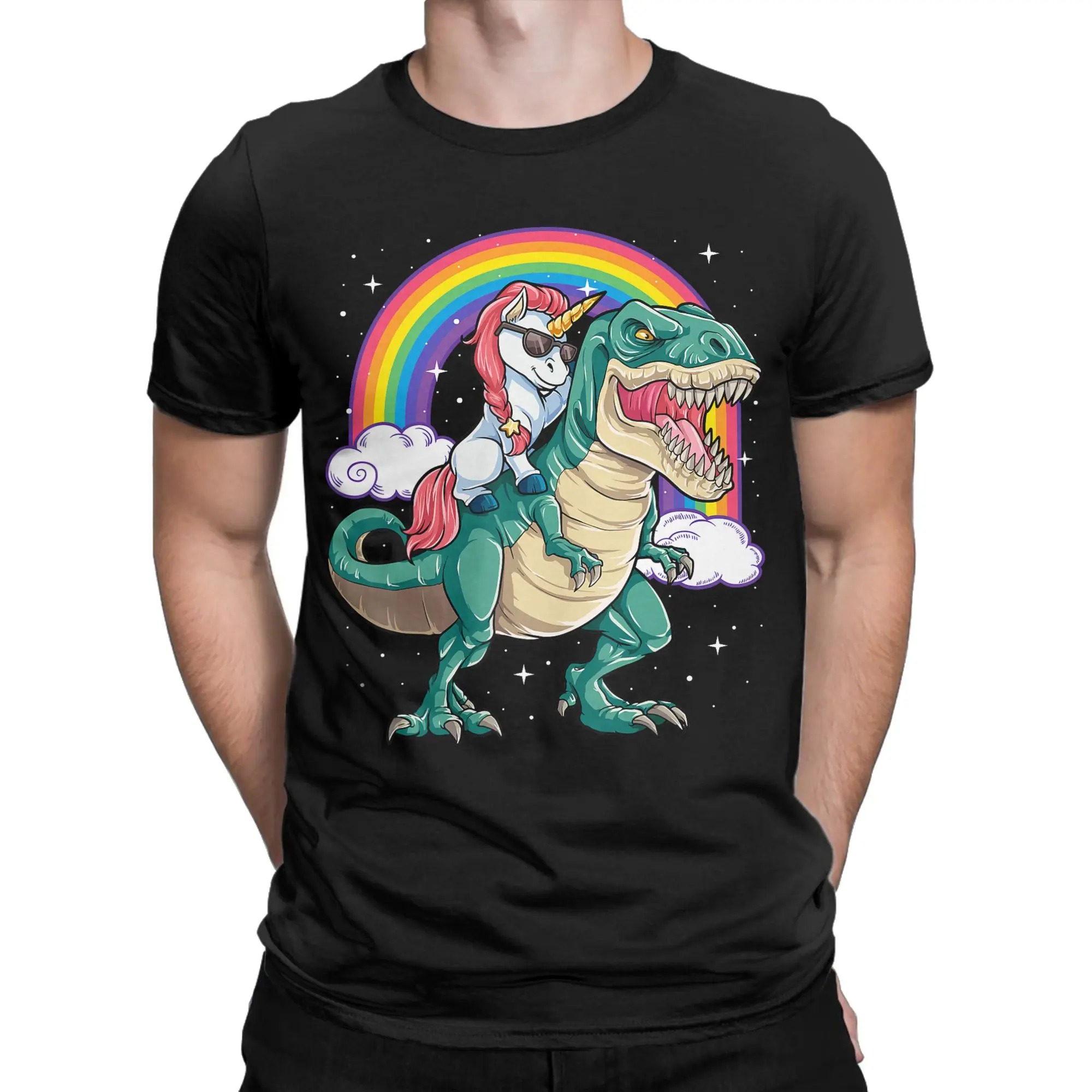 Vintage T Shirt T Rex DinosaurRainbow Pure Cotton T Shirts  Leisure Tee Shirt for Mens Summer Loose Short Sleeve Top Tees
