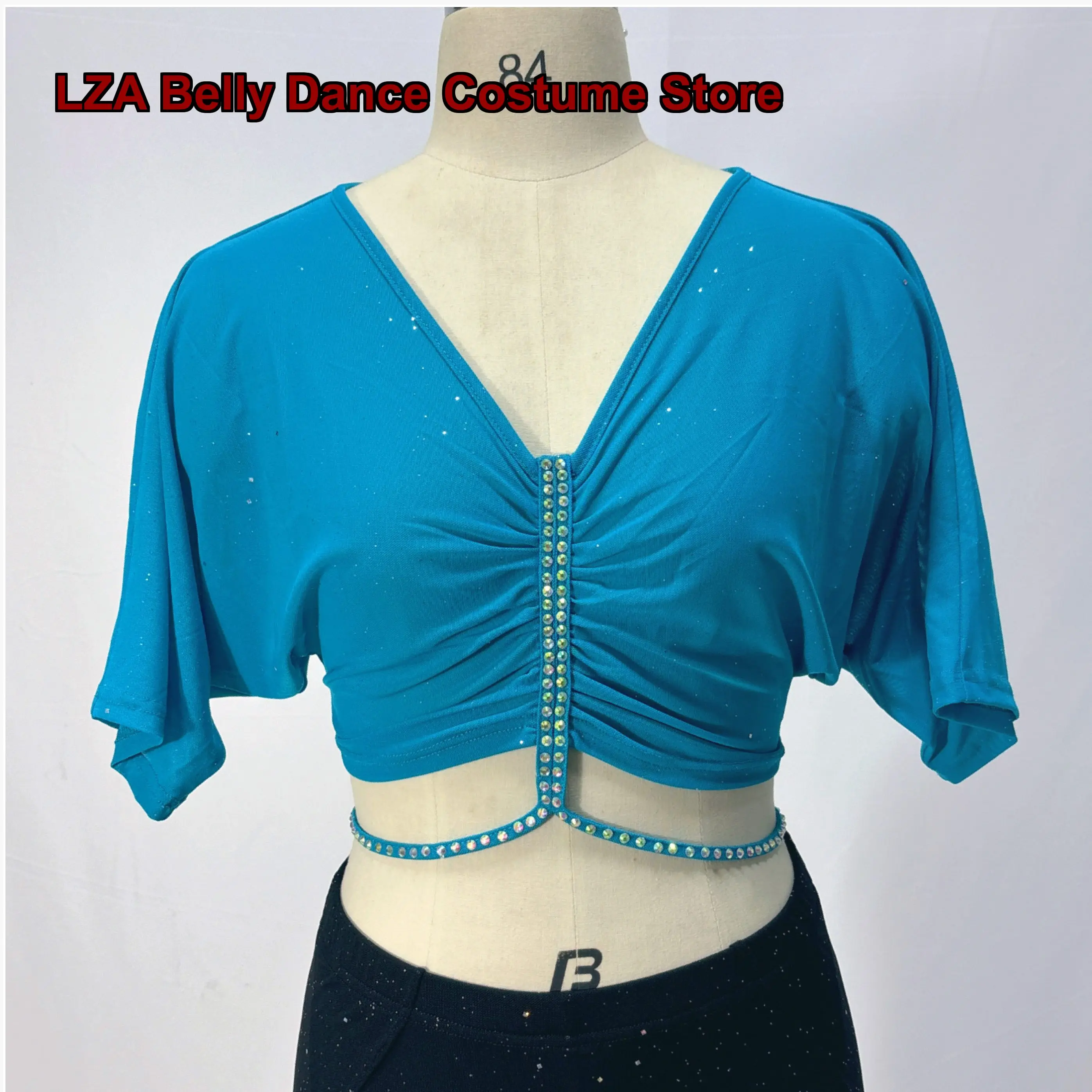 Women's V-Neck Rhinestone Ruffled Top Middle Eastern Dance Ensemble Short Sleeves Summer Dress