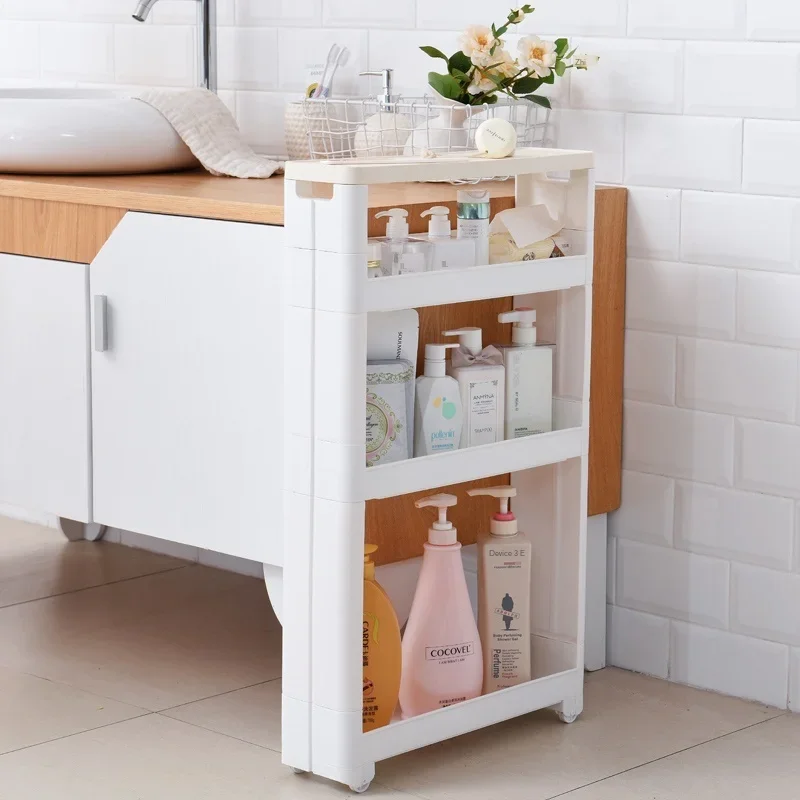 

Bathroom Storage Rack Multi-Tier Plastic Shelf with Rollers Efficient Toilet Organizer for Narrow Spaces Streamlined Design