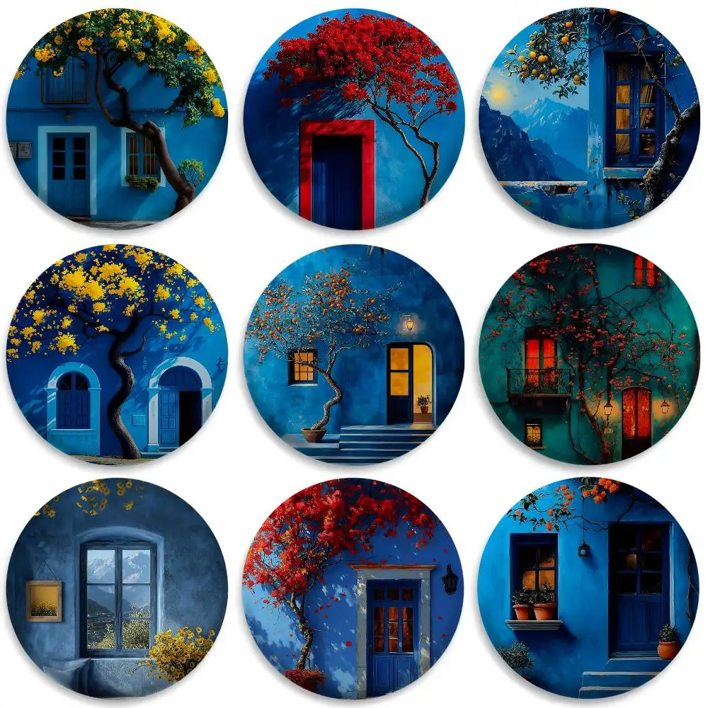 

Village Door Window Oil Art Badges Round Exquisite Badge Brooches Creative Pins For Clothes Hat Backpack Gift Accessories