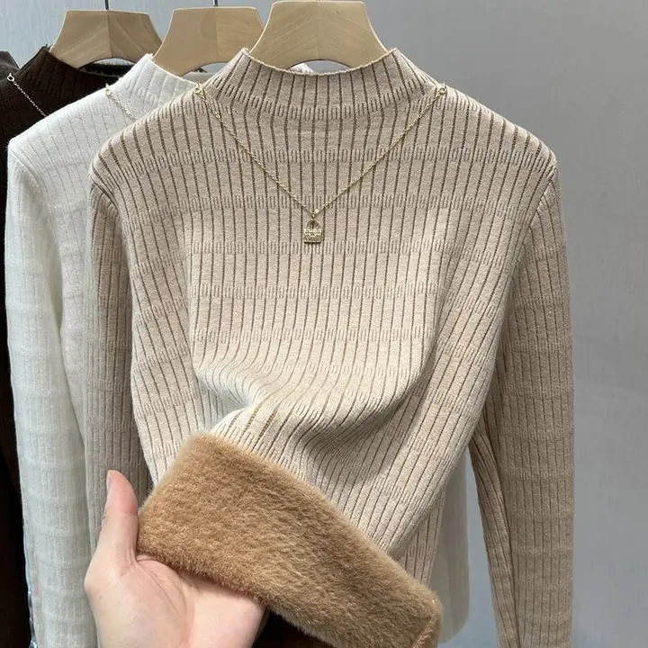 

Women's Winter Half Turtleneck Sweater Sueter Warm Knit Pullover Poleras Korean Thicken Plush Lined soft Knitwear Top U1200