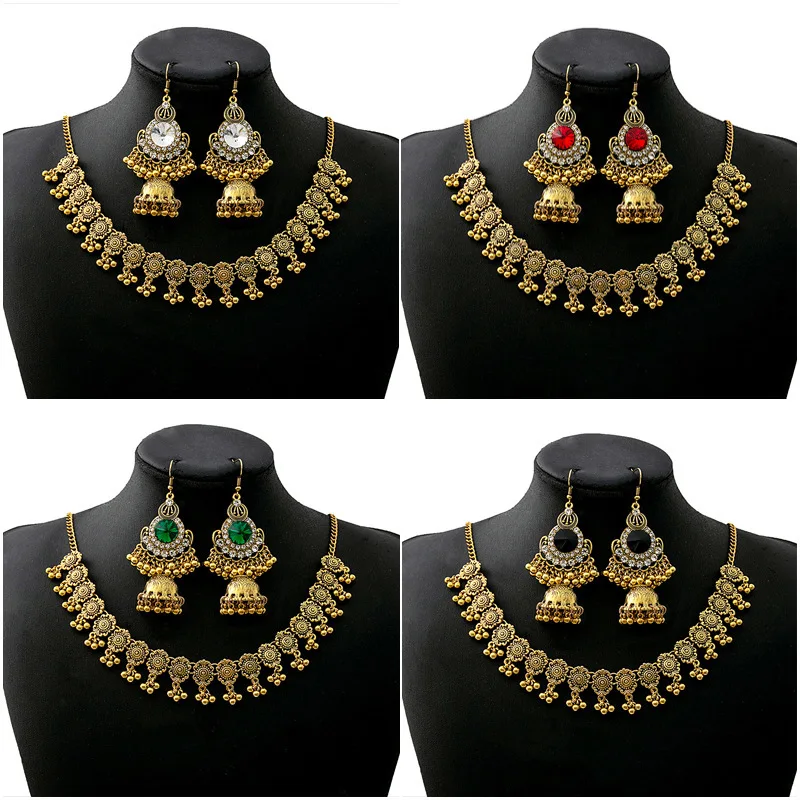 

New Women's Golden Rimmed Shimmering Colorful Fashionable Retro Bohemian National Style Round Earrings And Pendant Jewelry Set