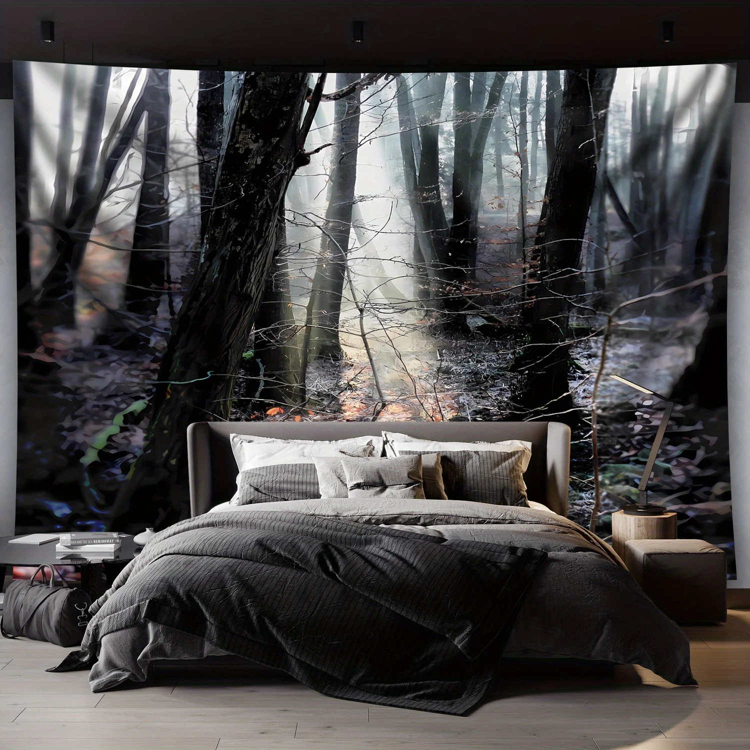 Misty Forest Tapestry, Sunlight through Trees in Foggy Woods, Nature Scenery Wall Hanging for Bedroom Living Room