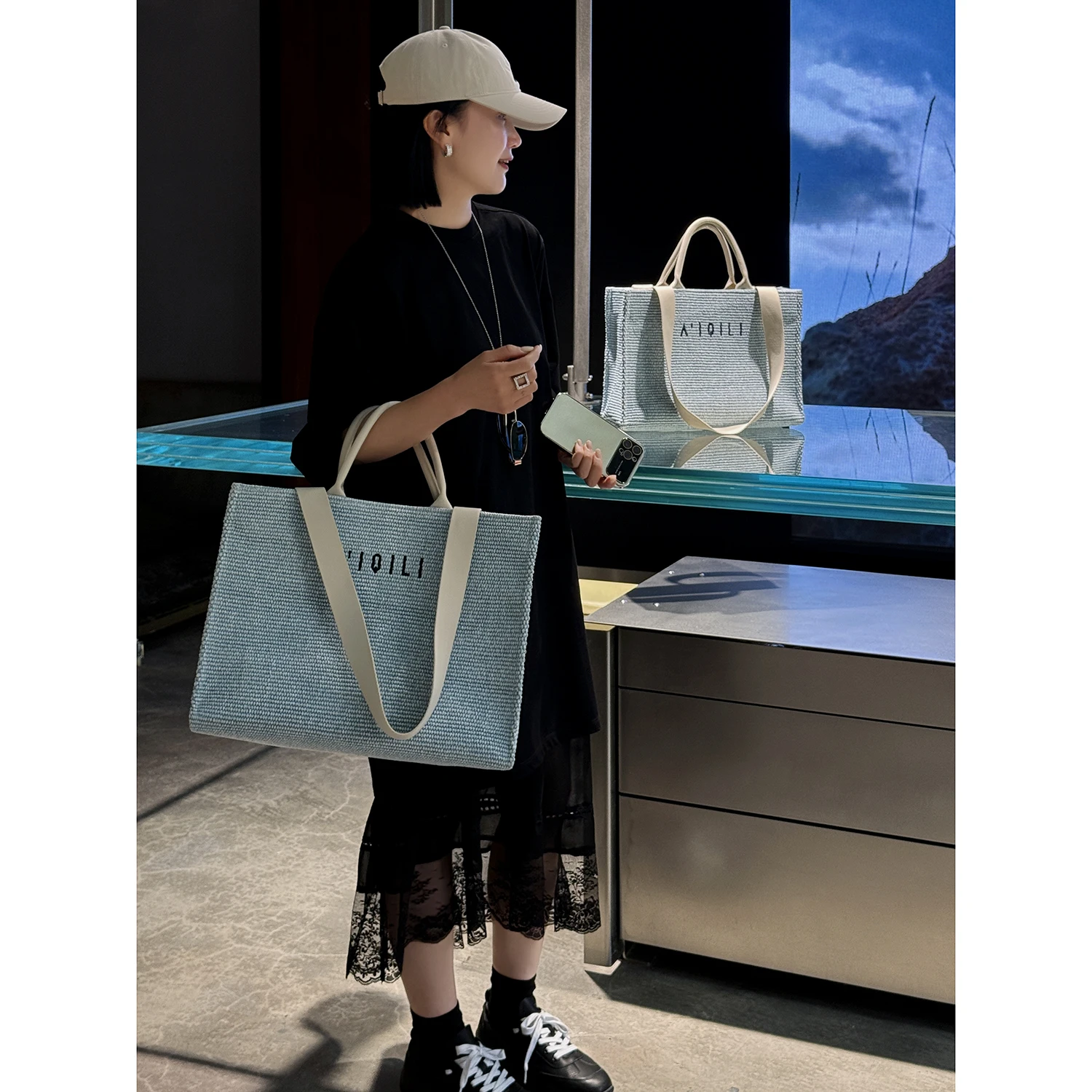 

Jie Luxury 25C Matching Tool AIQILI Embroidered Woven Tote Bag Briti Sle Summer Casual Pure Color Double Strap oulder...