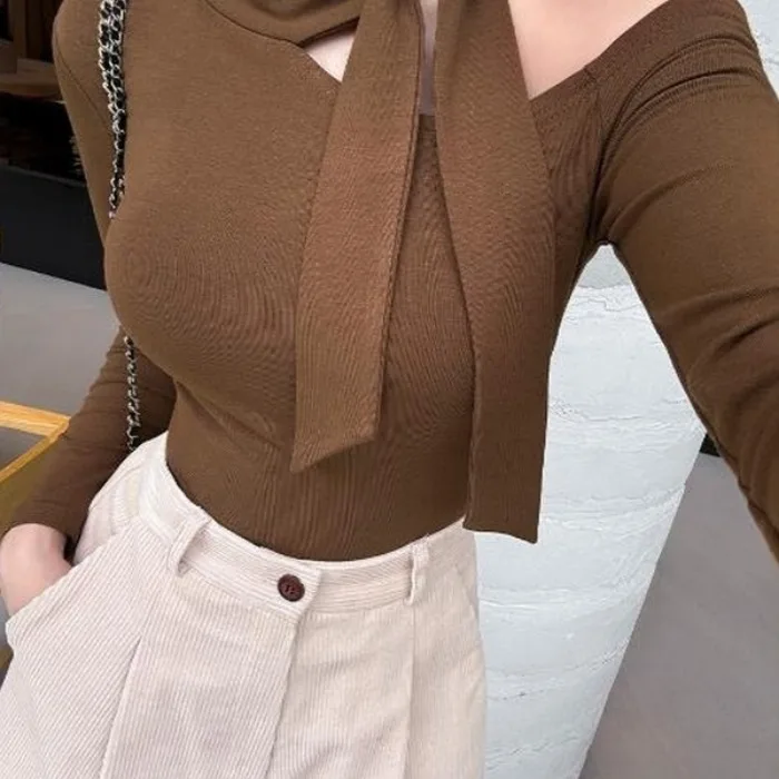Sexy Tight Long Sleeve Asymmetrical Neck T-Shirt Dongda Gate Women's Fashion Autumn Season Non-Short Symmetrical Shoulder Bar...