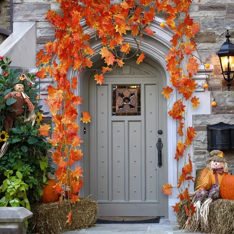 أوراق القيقب الاصطناعية سلسلة نباتات إكليل أوراق القيقب حديقة عيد الميلاد داخلي لحفل زفاف ديكور المنزل الخريف