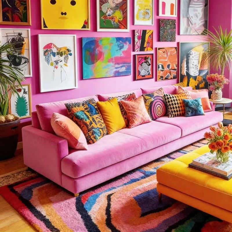 

High-quality pink velvet three-seater sofa - a contemporary straight sofa with colorful pillows for a variety of styles