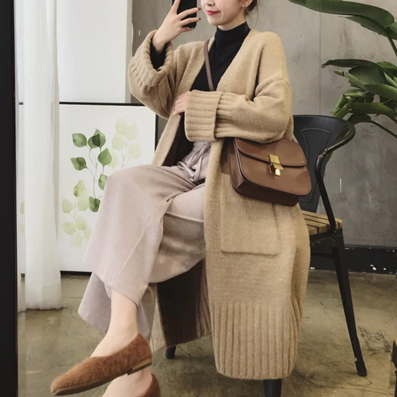 Knitted Cardigan Solid Color Loose Commuting Long Sweater Autumn Winter Plus Size Jacket LX142