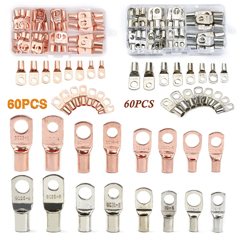 60CPS Assortment Car Auto Copper Ring Terminal Wire Crimp Connector Bare Cable Battery Terminals Soldered Connectors HX-50B Kit