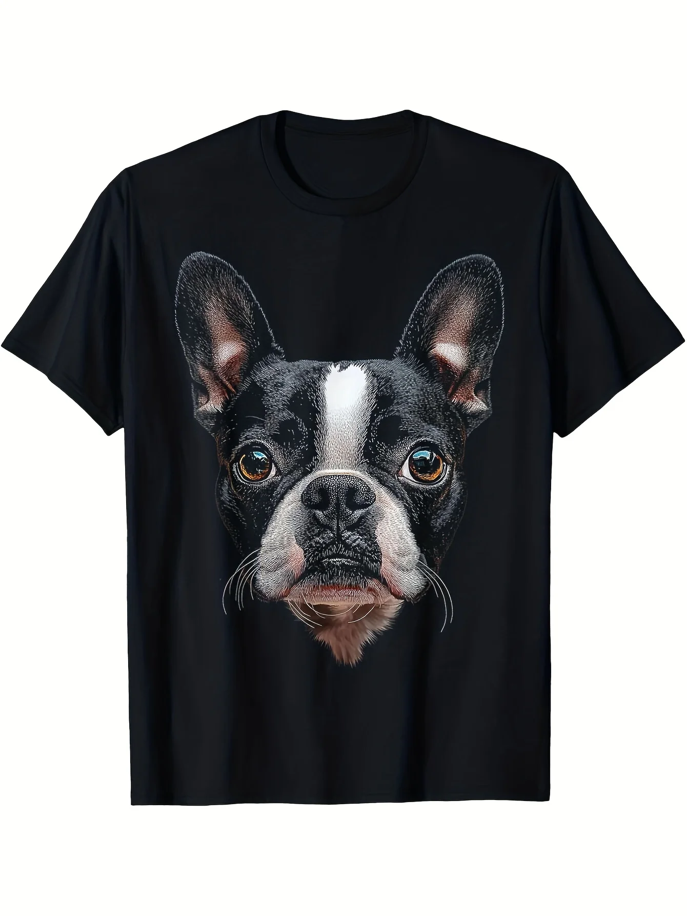 Men's Boston Teddy Dog Pattern T-Shirt - Black dog face shirt, elastic fabric, suitable for golf, running, and casual wear - Apparel for pet lovers, featuring expressive eyes, an active lifestyle, and eye-catching prints