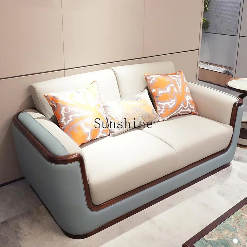 New Chinese-style living room large apartment household reception solid wood leather art sofa simple and modern  FT