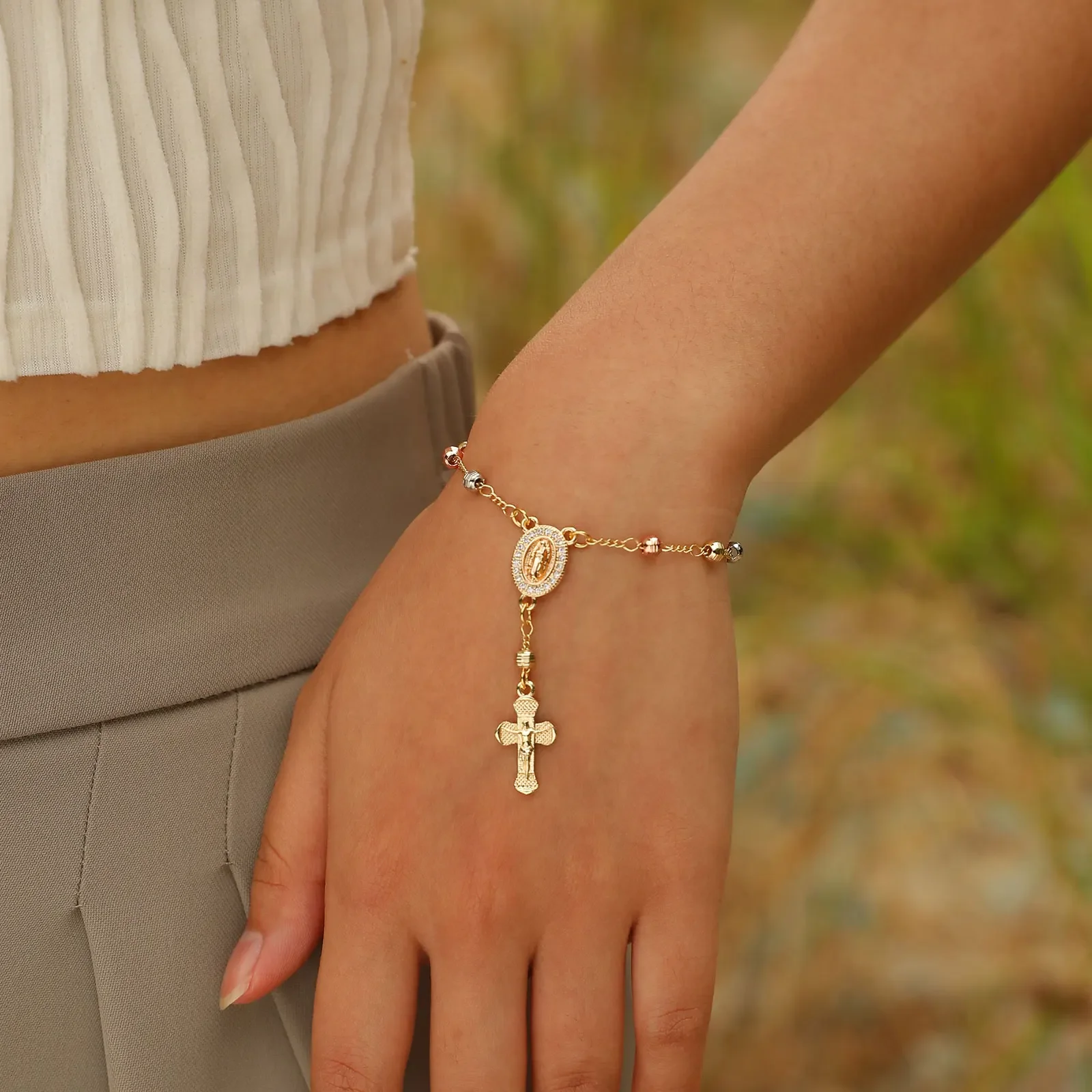 Virgin Mary Rosary Bead Cross Bracelet for Women, Tri-color Adjustable Chain Virgin of Guadalupe Bracelet Baptism Confirmation