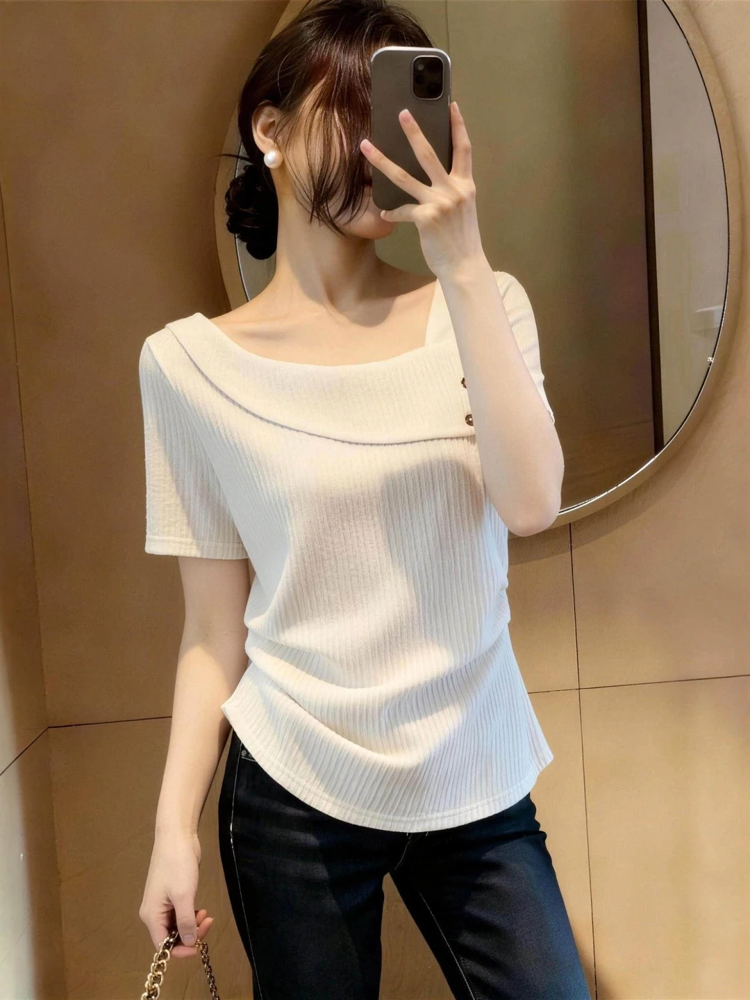 Slimming Fashionable Short Sleeve T-Shirt Women's Summer plus Size Elegant Waist-Cinched Pleated Diagonal Collar Top