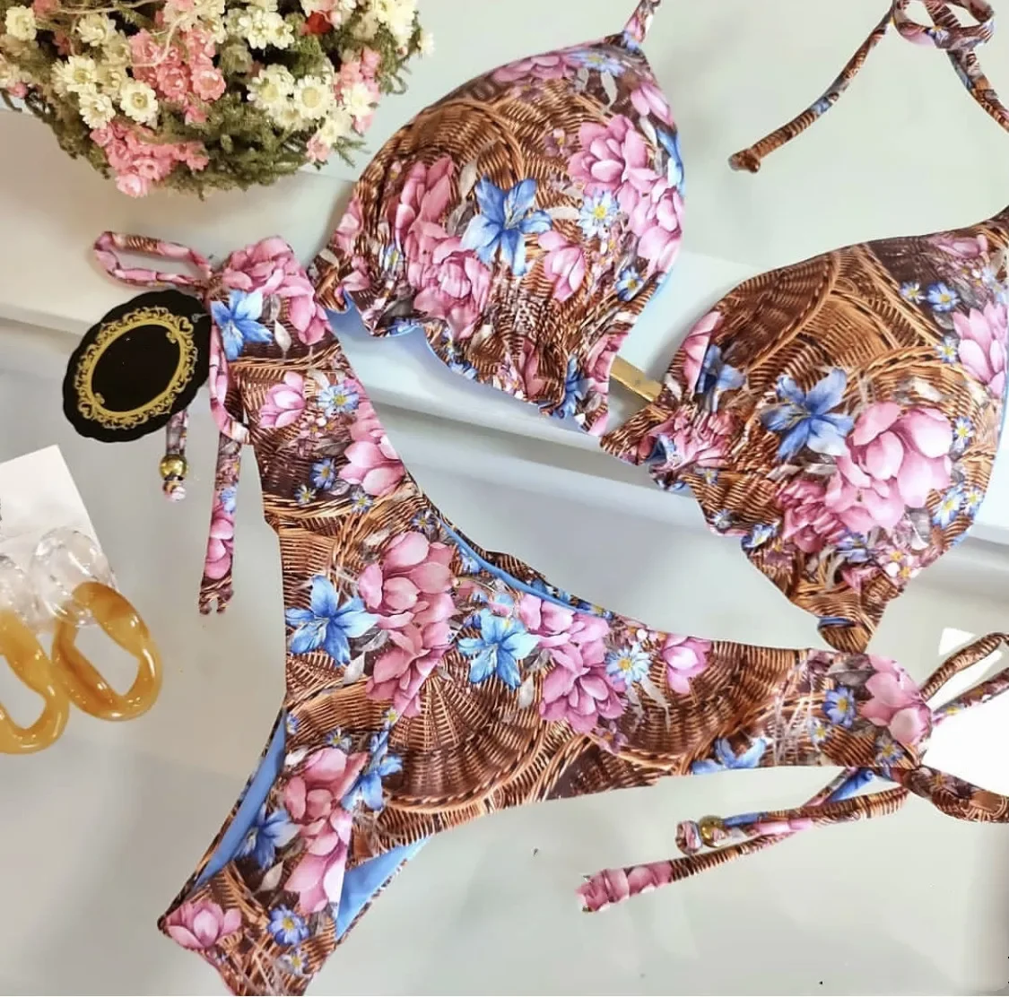 Nuovo costume da bagno da donna con stampa bikini con cinturino in nappa, costume da bagno da donna all'uncinetto