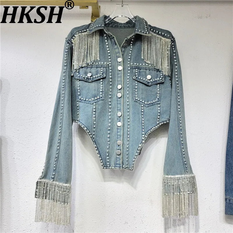 

HKSH Spring Autumn New Women's Denim Jacket Single Breasted Pockets Studded Diamonds Tassel Slim Fit Chic Y2K Trend Coat HK15386