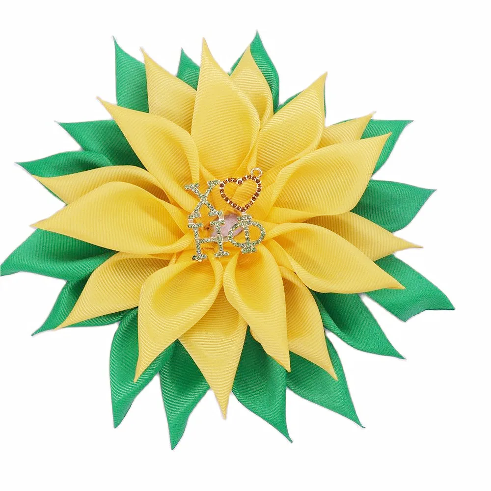 Top Quality Great Sun Flower Corsage Ribbon Green Yellow Diamond 1932 XHO Pin Soror Letter CHI ETA PHI Social Brooch