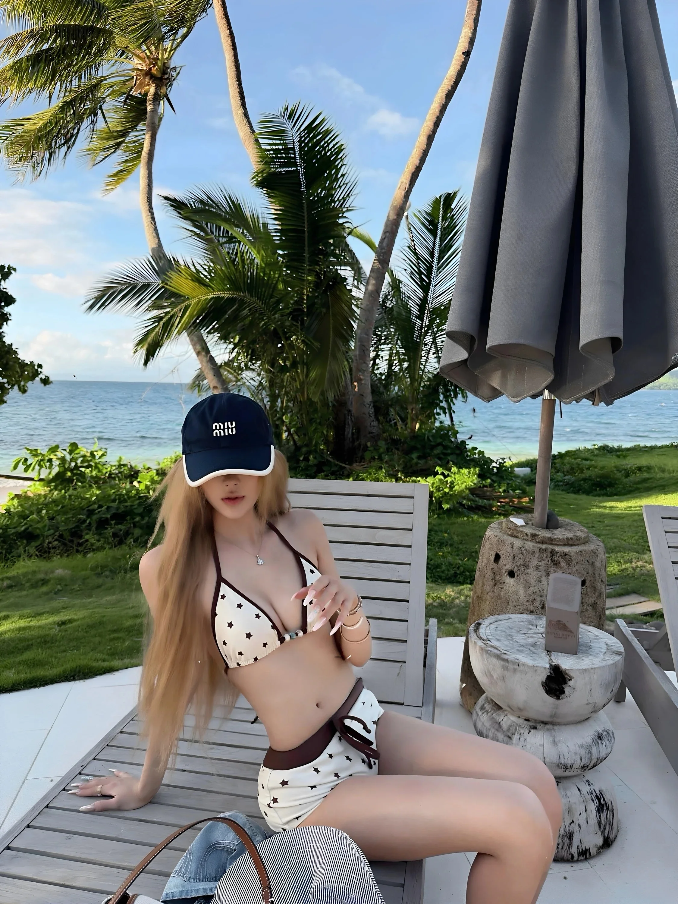 Women's Bikini Set Slimming Waist Starry  Stripe Vacation Style Three-piece Swimsuit Adjustable Shoulder Strap Quick Dry