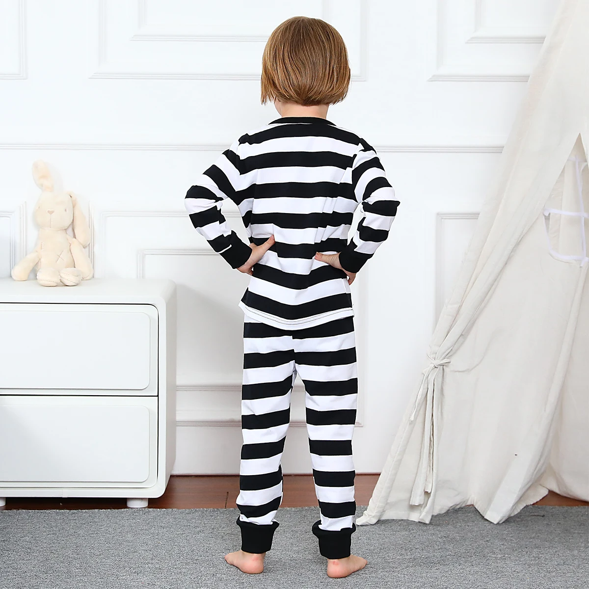 Pigiama a righe in bianco e nero Set Toddler Boys Girls Halloween Robber prigioniero ladro Pjs per bambini pigiama vestiti da festa per neonati