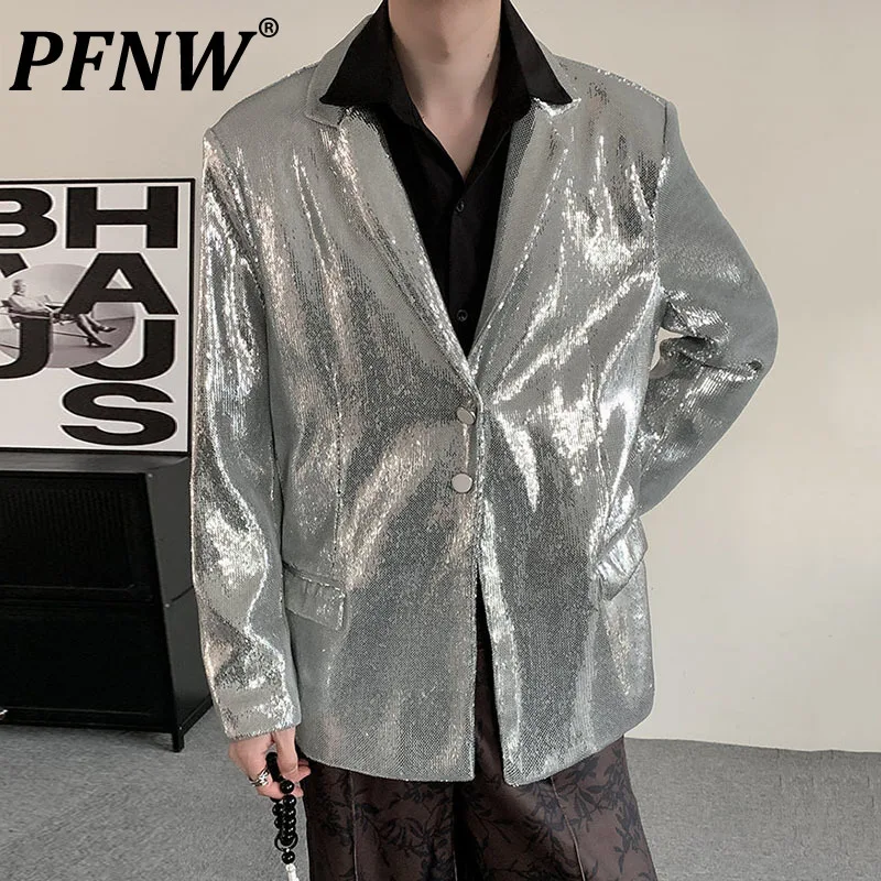 PFNW Niche Design Menswear Silver Sparkling Glitter Sequin Suit Jacket Male And Female Loose Fit Outwear Signle Breasted Blazer