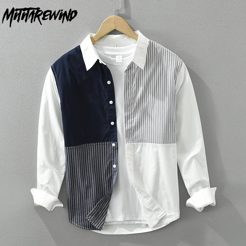 

Japanese Style Patchwork Striped Shirt Men Street Casual Fashion Long Sleeve Shirts Loose Square Collar Shirt Youth Daily Top