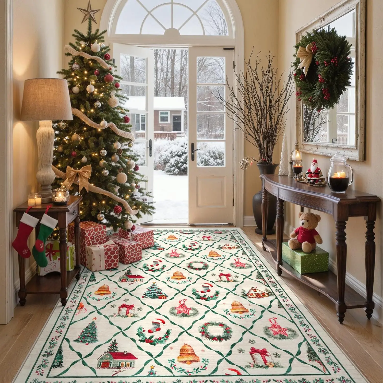 Machine Washable Christmas Area Rug Moroccan Rug Thin Non-Slip Christmas Rugs for Living Room Bedroom,Large Neutral Low-Pile